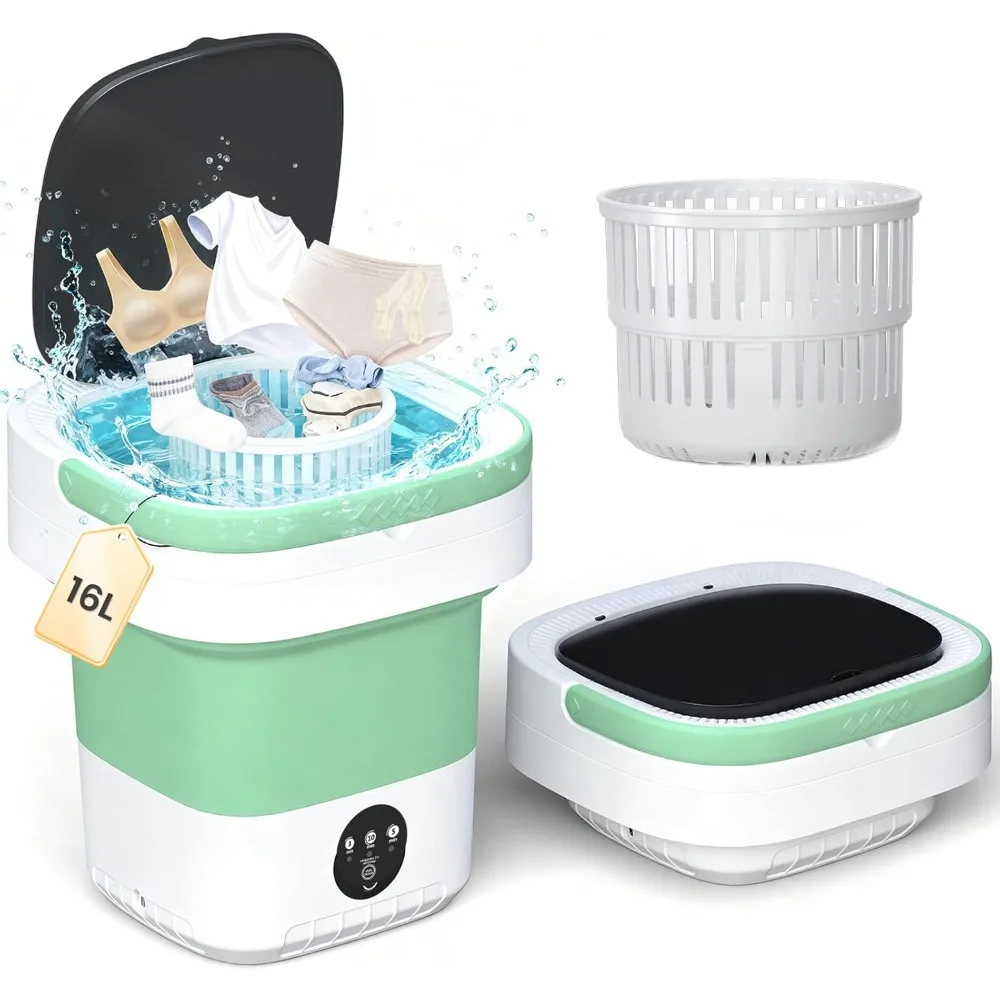 

Portable Washing Machine - 16L Mini Foldable Washer with Spin Basket, 3 Cleaning Modes & Deep Cleaning for Small Clothes