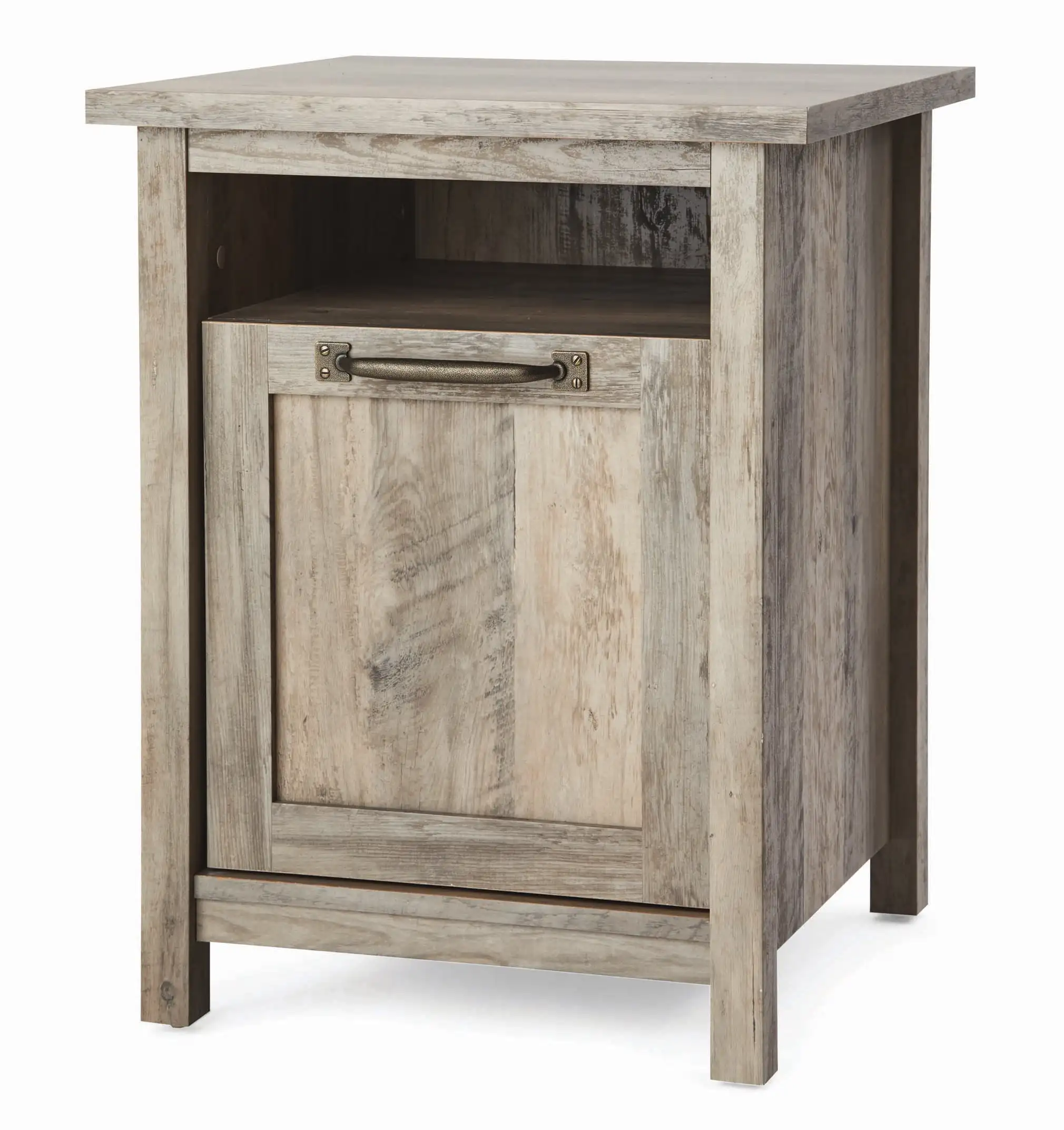 Modern Farmhouse USB Nightstand Rustic Gray Open Shelf Provides Additional Storage Unique Horizontal Handle