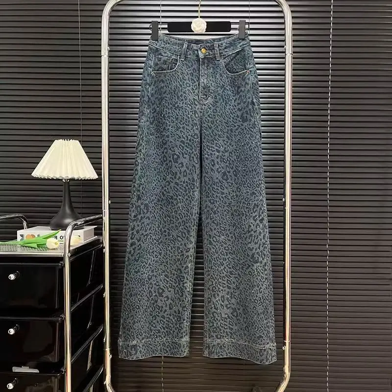 

Джинсовые брюки с леопардовым принтом в американском стиле ретро, осенние модные свободные универсальные брюки с высокой талией, широкие прямые джинсовые брюки