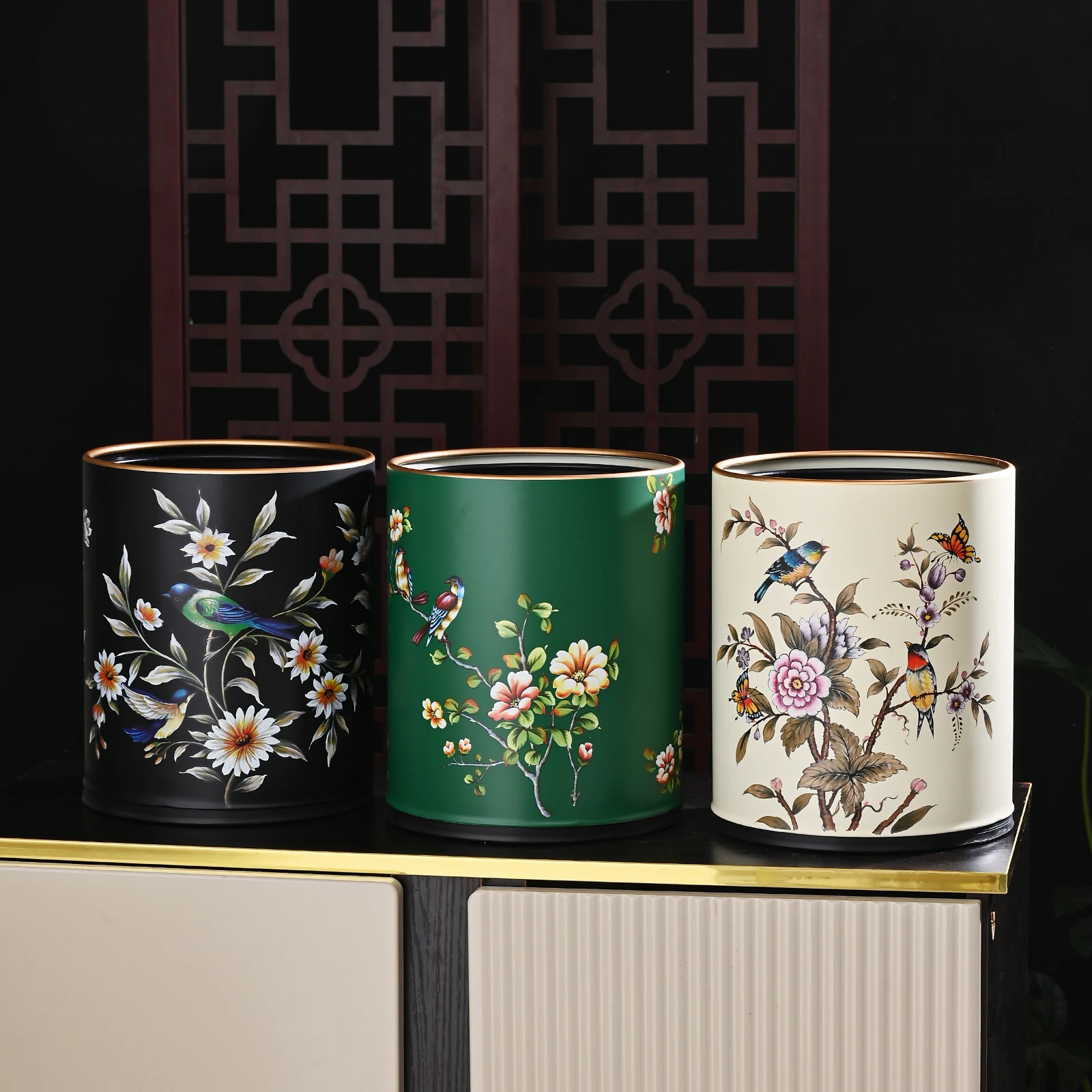 Retro Flower Bird Trash Can Double Layer Iron Paint Process Wastebasket Living Room Bedroom Kitchen Bathroom Trash Can Gifts