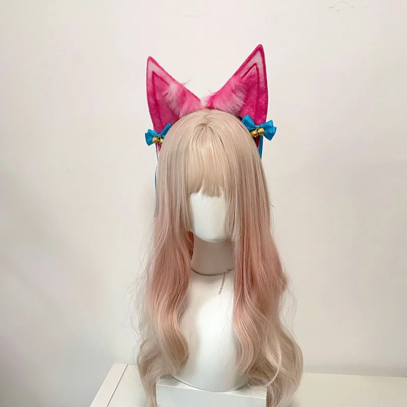 New Handmade Fox Ahri Cosplay Headband Anime Lolita Cute Fox Ears Headdress Pink Cat Bowknot Bell Hairband Accessory