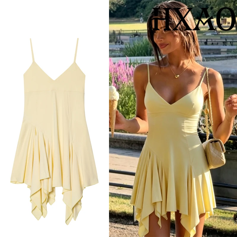 HXAO Asymmetrisches gelbes Slip-Kleid, ärmelloses Korsett, unregelmäßiges Minikleid, Sommer, sexy, rückenfreie Nachtparty-Kleider, Strand-Sommerkleid
