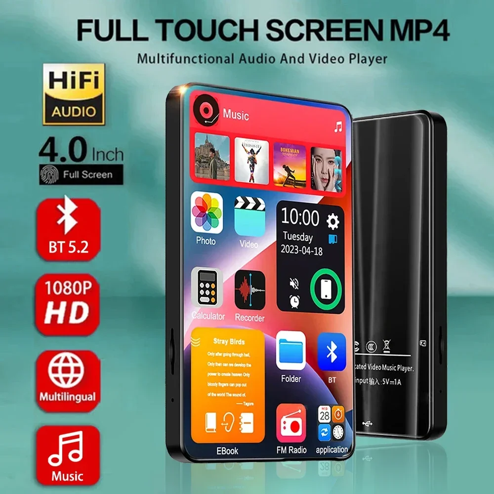 

HD MP3 MP4 PlayerFull Touch ScreenBluetooth 5.2 Walkman16GBBuilt-in SpeakerMusic PlayerFM RadioRecordingEbook