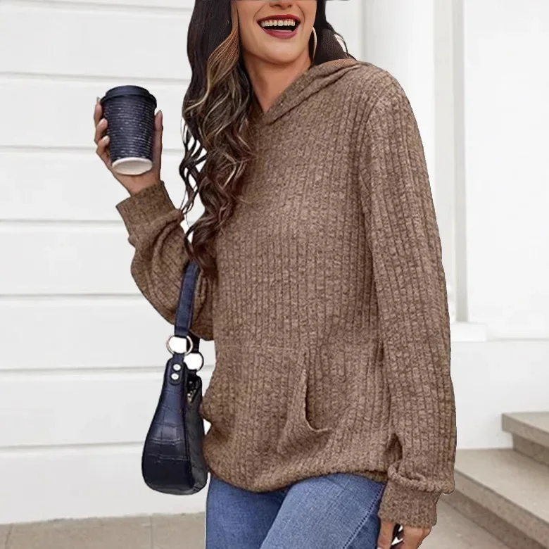 Jesień Zima Nowość z Kieszeniami Długi Rękaw Damska Bluza z Kapturem z Dzianiny w Jednolitym Kolorze Inne Style z Tajwanu