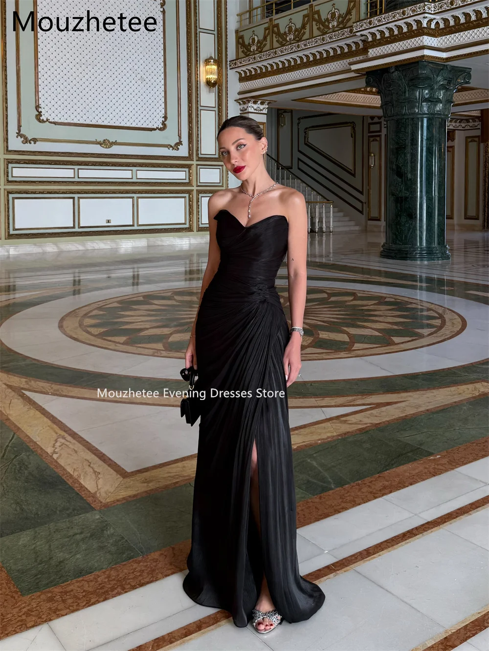 shiny formal dresses Mouzhetee A-Line Side Split Pleat Strapless Evening Party Gowns for Women Simple Prom Gown Customized 2026 iridescent evening gown