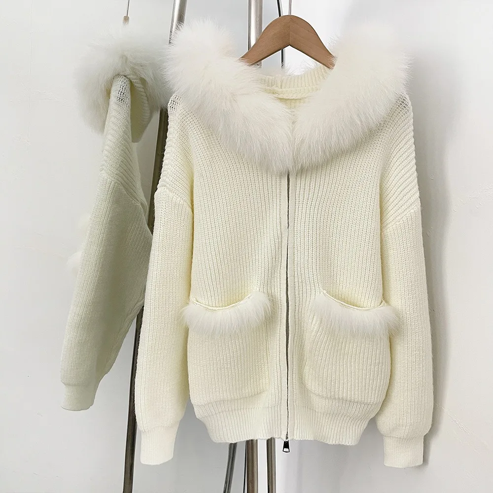 

Cardigan Femmes Hooded Zip-up Women's Jumper Take Ladies Winter Light Y2k Sweater Women Natural Real Fur Coat Knitwear Outwear