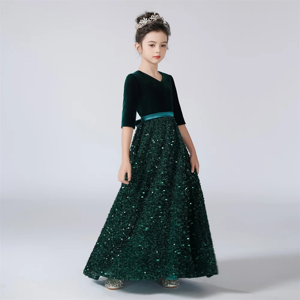 Robe à manches trois-quarts à col en V pour filles, robes de demoiselle d'honneur brillantes à paillettes, fête d'anniversaire pour enfants, robe de princesse formelle