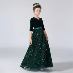 Dideyttawl V-Neck Three-Quarter Sleeves Dress For Girl Sequins Shiny Flower Girl Dresses Kids Birthday Formal Princess Gowns