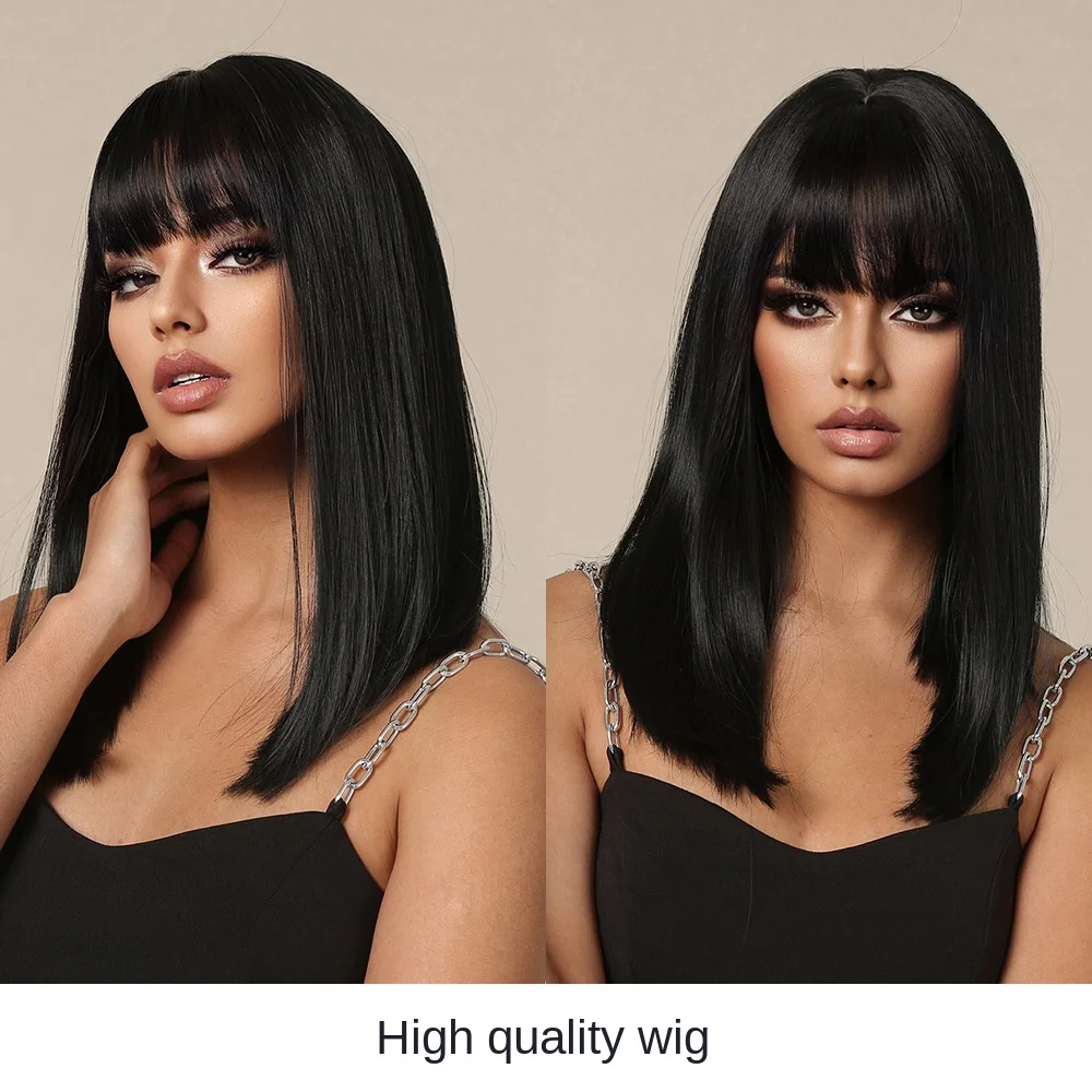 Bob Wig with Bangs, Blunt Cut Wig, Black Short Straight Hair for Women,Black Shoulder Length Synthetic Glueless Wigs for Daily