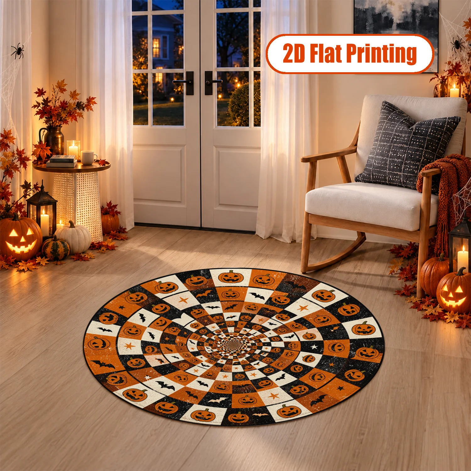 Round Jack O Lantern Bat Pattern Velvet Area Rug Machine Washable for Living Room Dining Room Entryway Halloween Thanksgiving Black Friday Christmas New Year