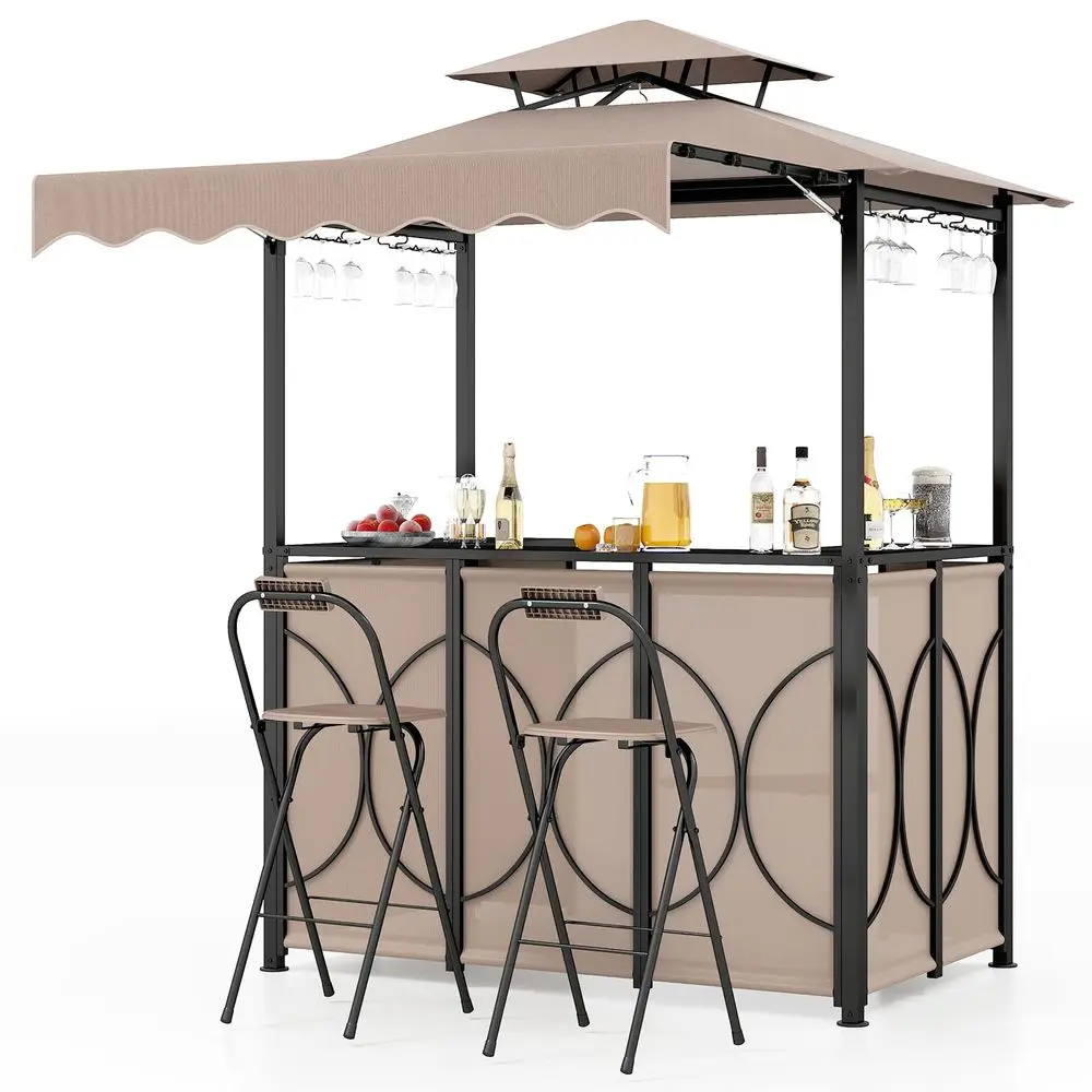 

3 Piece Patio Bar Set, Grill Gazebo amp 2 Foldable Bar Stools with Awning, Metal Storage Shelves, Glass Holders, DoubleTier Out