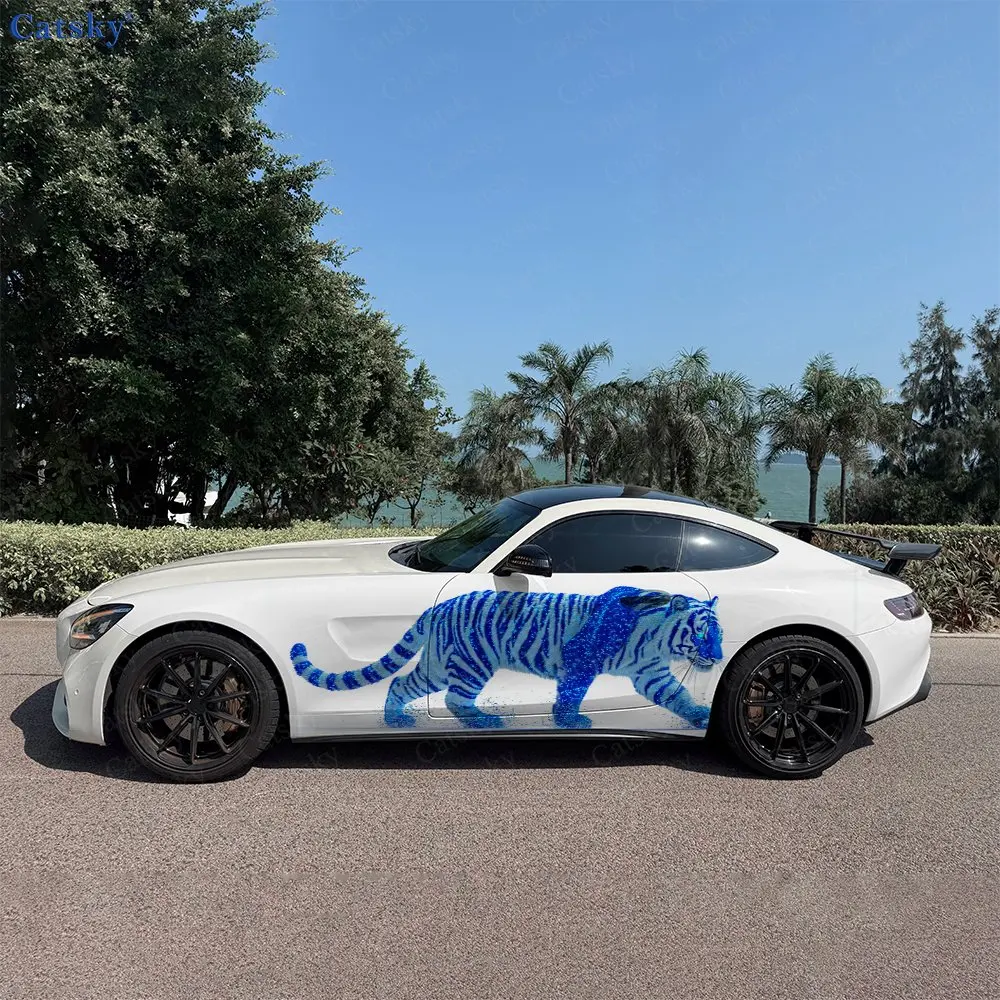 Blue Stripe Tiger Car Side Wraps, Self-Adhesive PVC Waterproof & Scratch-Resistant Stickers, Car Accessory Gift