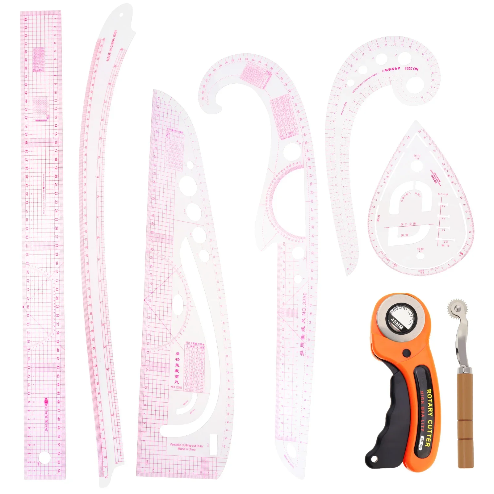 

8pcs DIY Clothing Dress Making Sewing Ruler Set for Pattern Maker Tailor 45 mm Rotary Cutter Tracing Wheel Craft Curve Ruler Kit