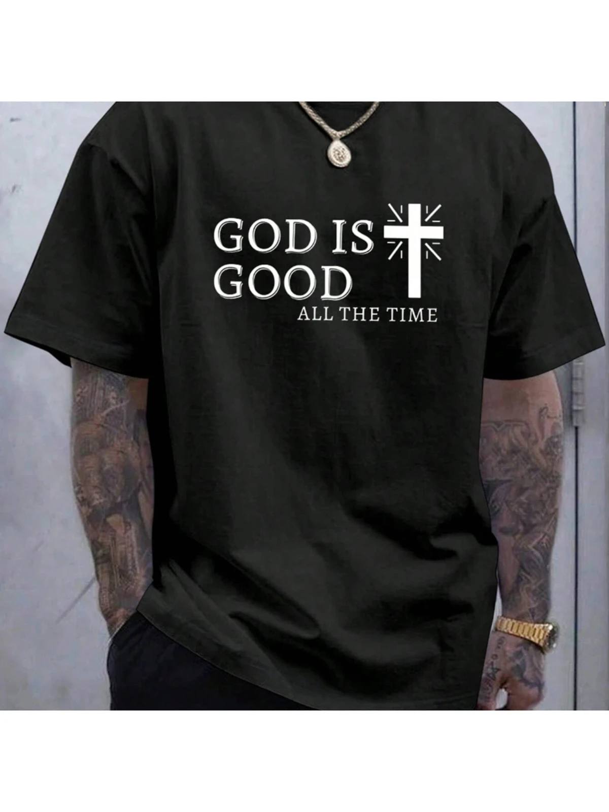 

Men's 'God is Good' Graphic Tee - Casual Black Cotton T-Shirt with Cross Print,