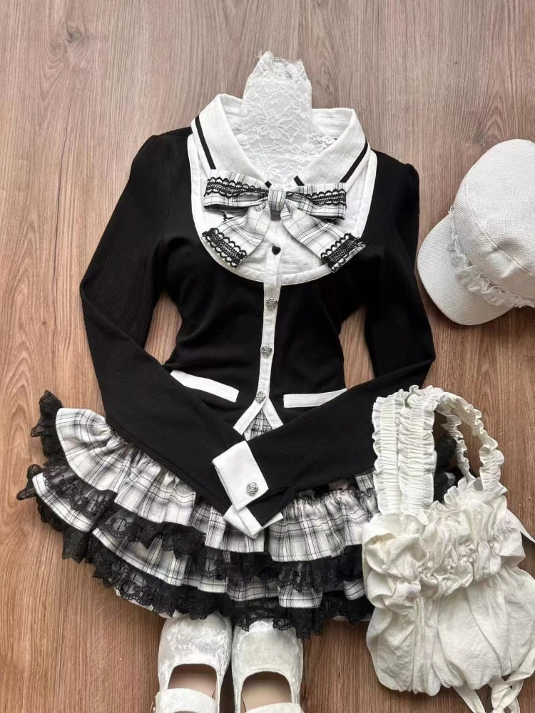 Korean Fashion Kawaii JK 2 Piece Sets Women Chic Bow Crop Top + Mini Skirts Vintage Japanese Sweet Y2k Slim Clothing Suit Autumn