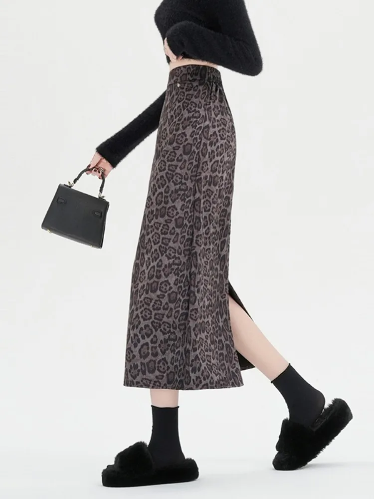 Retro Spicy Girl Leopard Print Woolen Midi Skirt High Waist A-Line f Body Skirts for Women Autumn Winter Loose Elastic Skirts