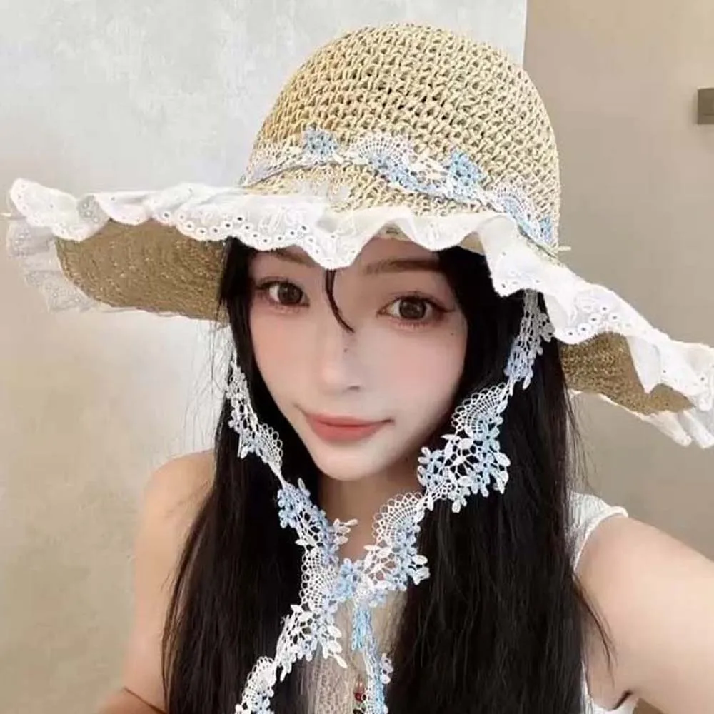 

Breathable Vacation Beach Cap Lightweight with Lace Big Brimmed Straw Hat Sunshade Topi with Garland Woven Sun Cap Carnival