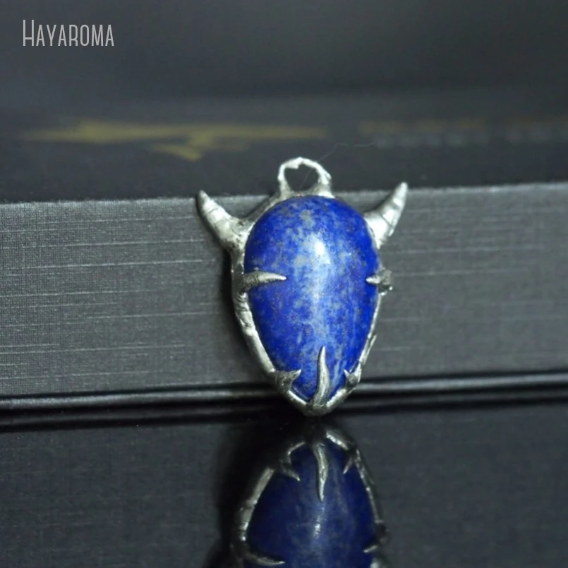 10Pcs Wholesale  Soldered Demon Horn Drop Shape Teardrop Handmade Jewelry Tin Lapis Lazuli Stone Pendant PM48731