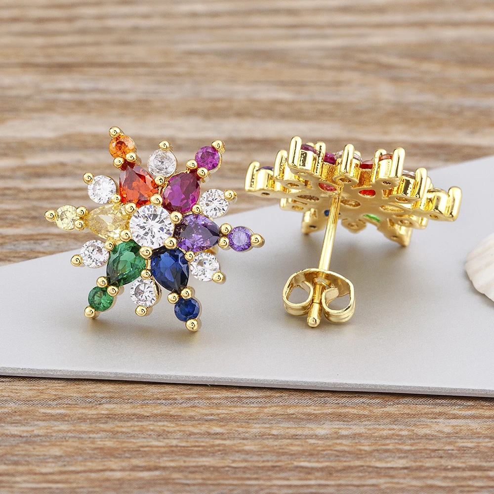 

Nidin New Design Exquisite Crystal Snowflake Stud Earrings Cubic Zirconia Colorful Earrings Women Elegant Jewelry Wedding Gifts