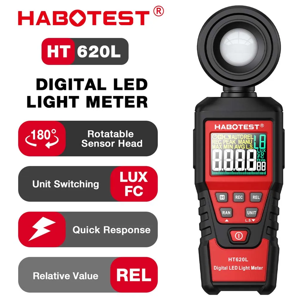 HABOTEST HT620 cyfrowy Luxmeter o wysokiej dokładności profesjonalny iluminator 180 ° z obrotową czujnikiem światła Lux fotometr