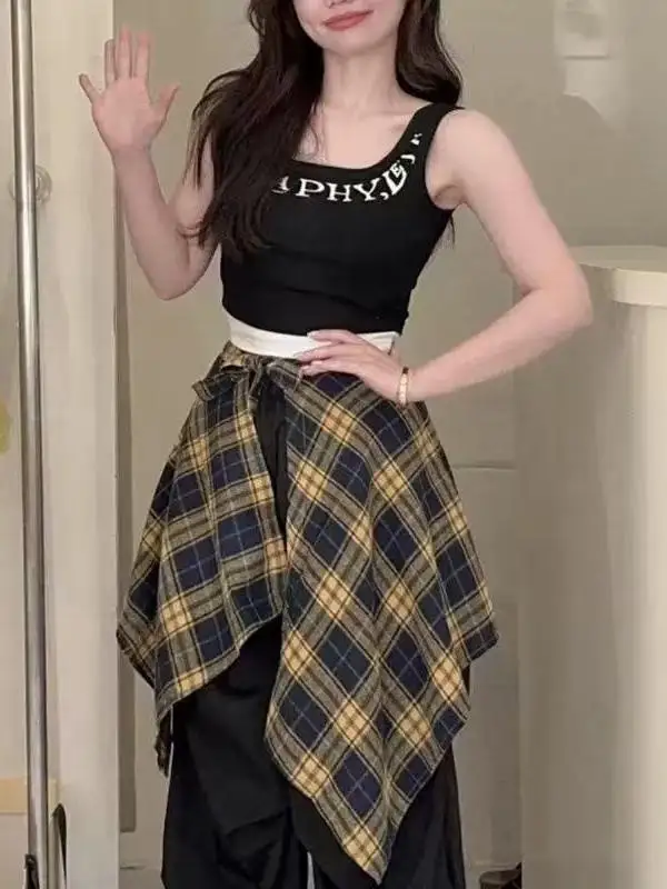 

High Waist Plaid Skirt Trendy Korean Sle plus Size Women's Faion Design A-Line Skirt Summer Season Casual Wear