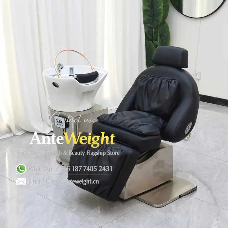 

Modern Salon-Trending Client Comfort Station Semi-Recline Shampoo Chair Durable Waterproof Ceramic Basin Barbershop Beauty Salon