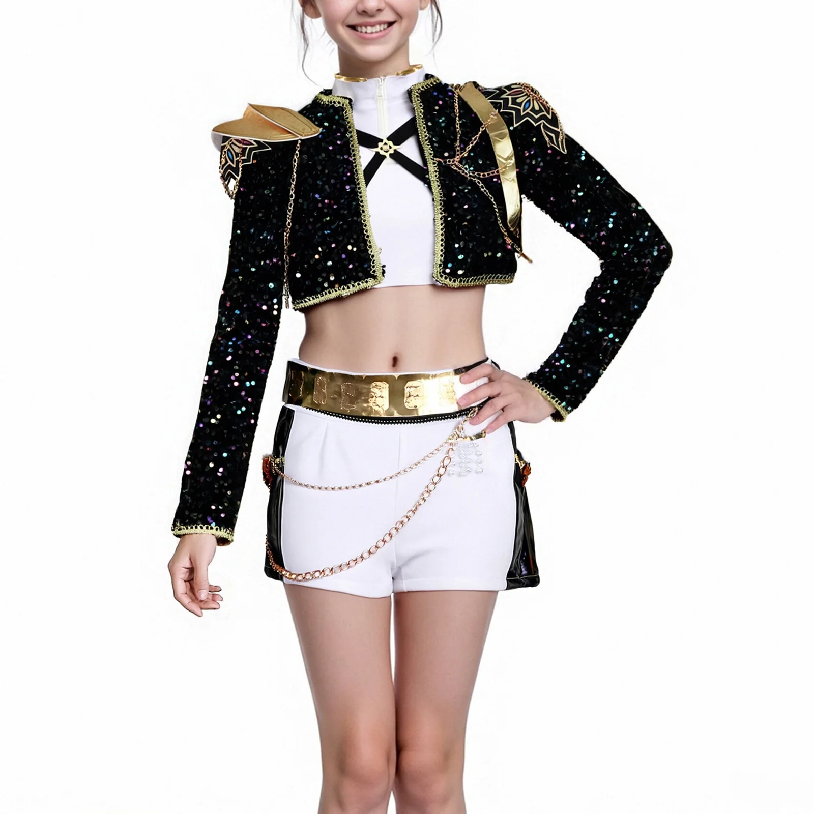 

Комплект костюма на Хэллоуин для девочек-подростков Lumina Zoe Mila, наряд для косплея с золотым париком, комплект черного платья, комплект для ролевых игр Hunter Squad