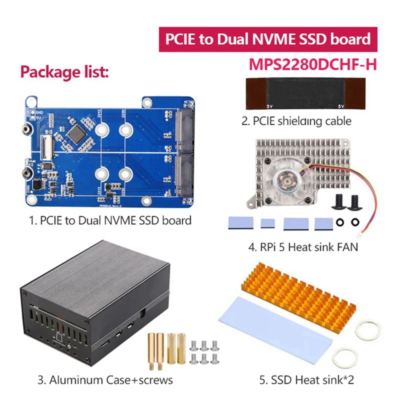 MPS2280D For Raspberry Pi 5 PCIE To M.2 Dual NVME SSD HAT+Case+SSD Heat Sink/Pi5 Fan PCB Computer Accessories