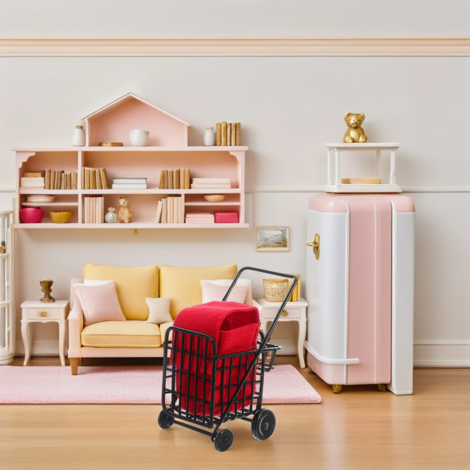 1:12 عربة تسوق صغيرة عربة بقالة معدنية لمطبخ الدمى مجموعة التظاهر ديكور المناظر الطبيعية الصغيرة #2