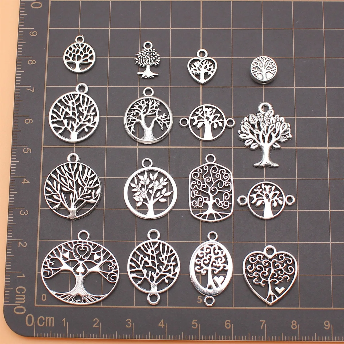 16pcs Antique Silver Color Tree Of Life Charms Collection For DIY Jewelry Making, 16 Styles, 1 of Each