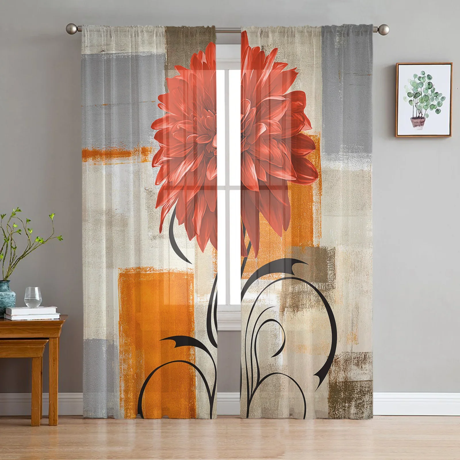 Dahlia Oil Painting Abstract Texture Plant Flower Orange Sheer Curtain Living Room Kitchen Decoration Tulle Voile Window Curtain