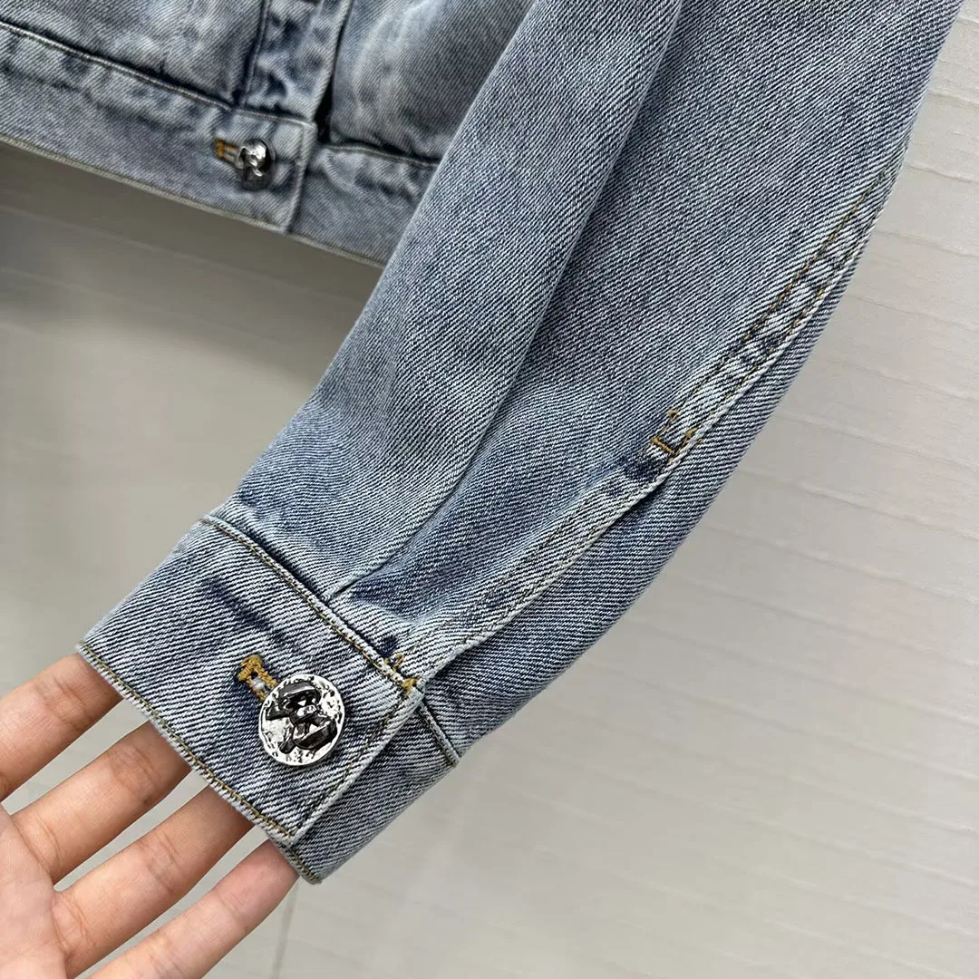 New Autumn Vintage Washed Denim Jacket with Big Bow Design Lapel Long Sleeve Single Breasted Streetwear Loose Short Design Coat