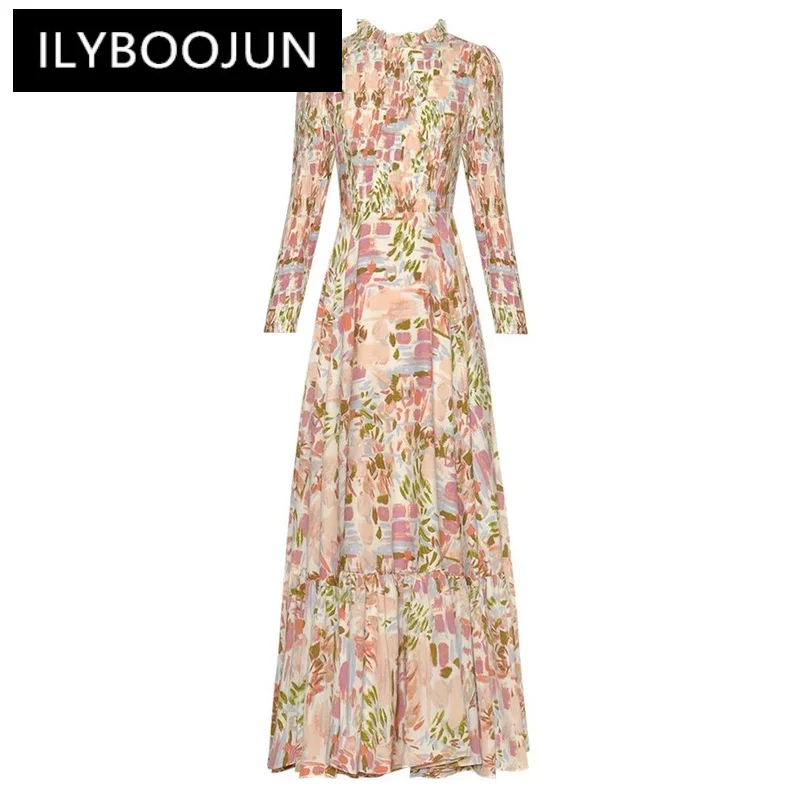 

ILYBOOJUN Fashion Designer Early Autumn SliDress Women O-Neck Long SleevFolds Floral Print Elegant Party Dresses