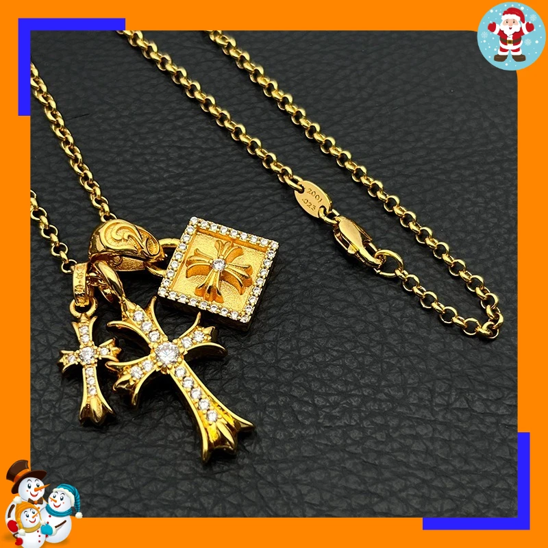Premium Sense Gold Full Diamond Square Cross Necklace Three Pendants Men and Women Niche Personality Stacked Collarbone Chain