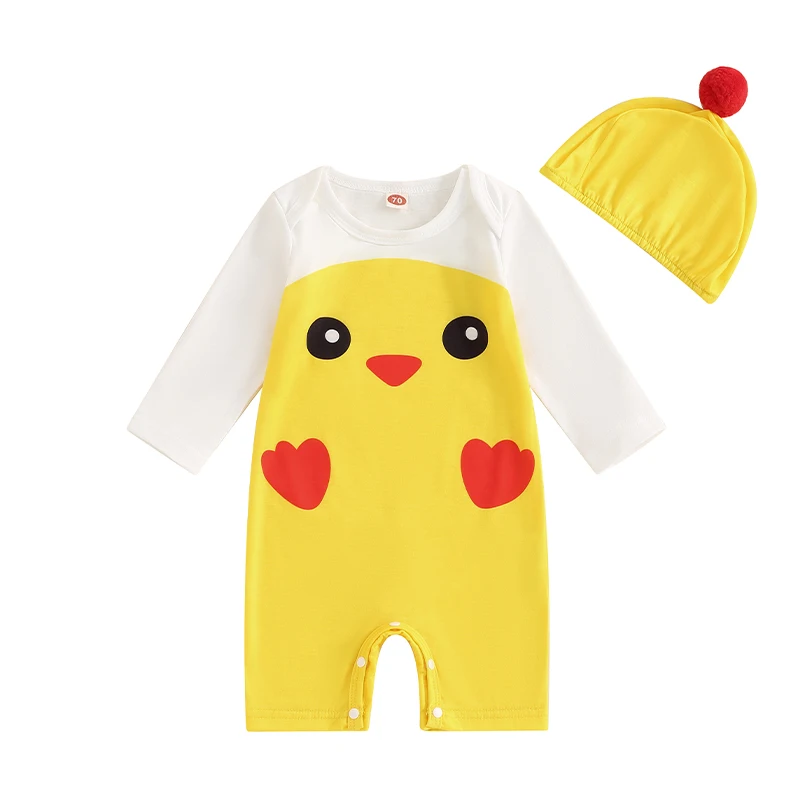 

Baby Chicken Cosplay Costume Adorable Long Sleeve Round Neck Romper Crest Hat 2-Piece Sets