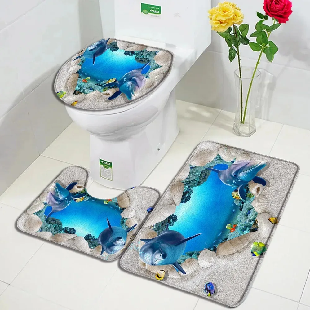 Funny Dolphin Bath Mat Set Sea Turtle Fish Animal Underwater Scenery Children Bathroom Decor Carpet Non-Slip Rug Toilet Lid Mats
