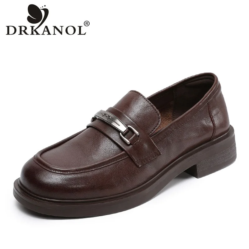 

DRKANOL Women Mid Heel Shoes 2026 Spring Thick Heel Slip On Loafers Ladies Handmade Retro Style Round Toe Genuine Leather Shoes