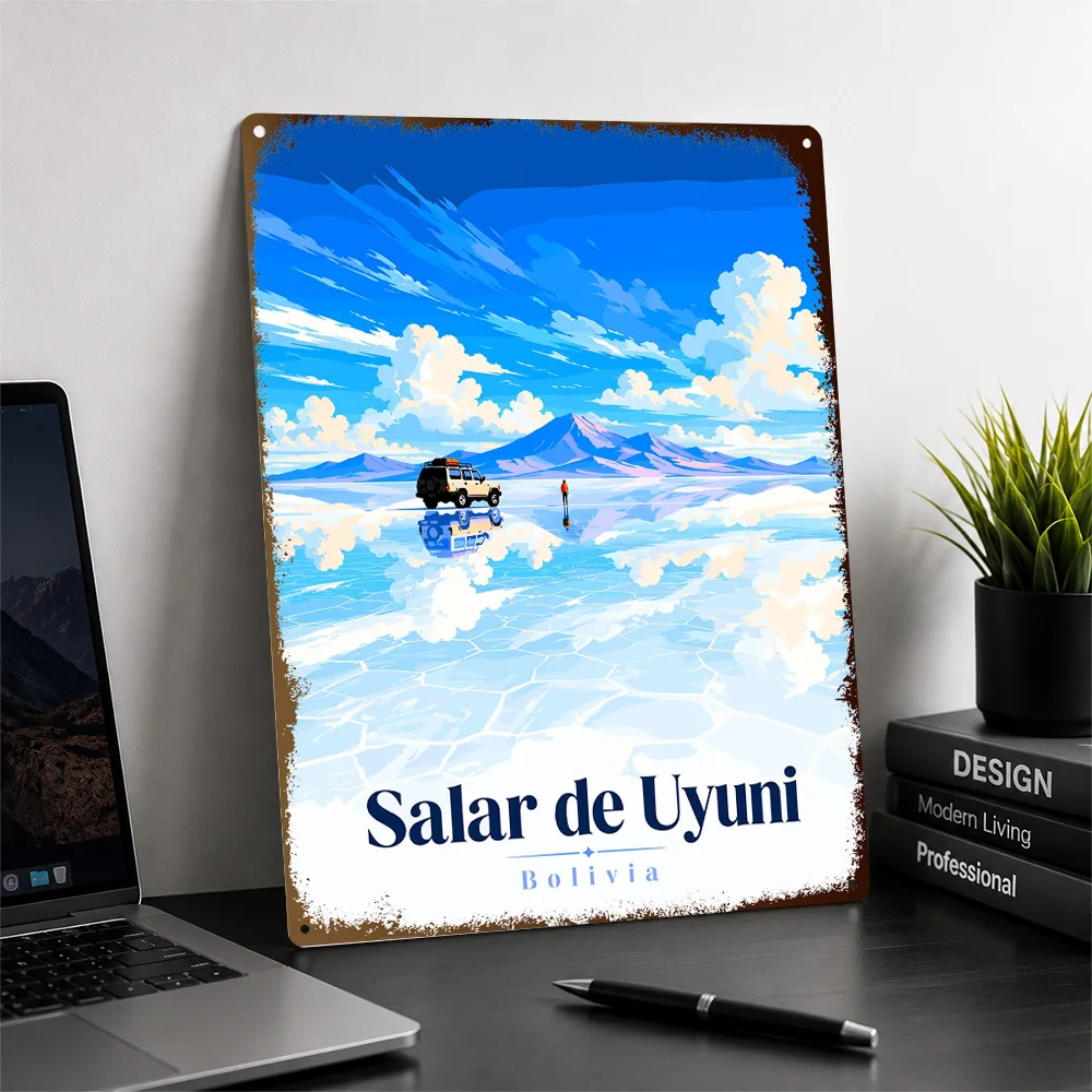 Salar De Uyuni Bolivia Travel Textured Poster Customized Metal Tin Sign Vintage Coastal Vista Style Wall Art Enhances Entryway