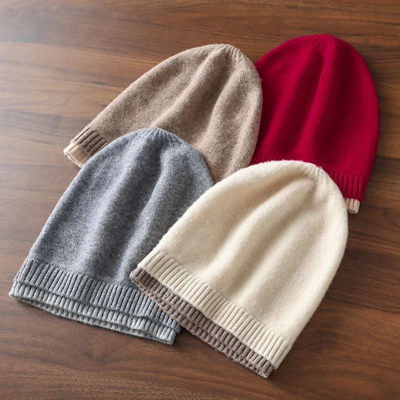 قبعة نسائية 100% من الكشمير الخالص بلونين مزدوجة الكفة قبعة شتوية دافئة وناعمة وأنيقة ومتعددة الاستخدامات ملحقات الطقس البارد المتباين