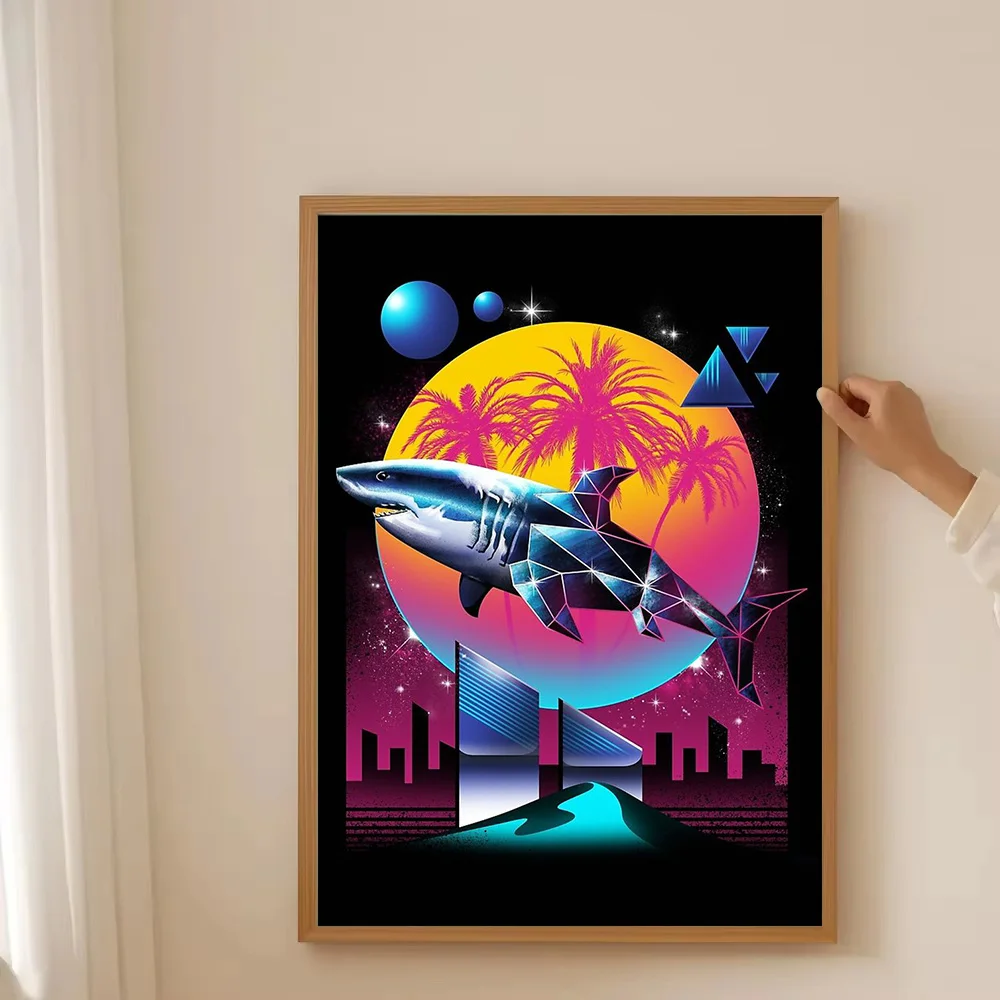القرش قماش جدار الفن المحيط الغروب Cyberpunk المشهد طباعة Vaporwave الجمالية غرفة ديكور خمر اللوحة الرجعية هدية