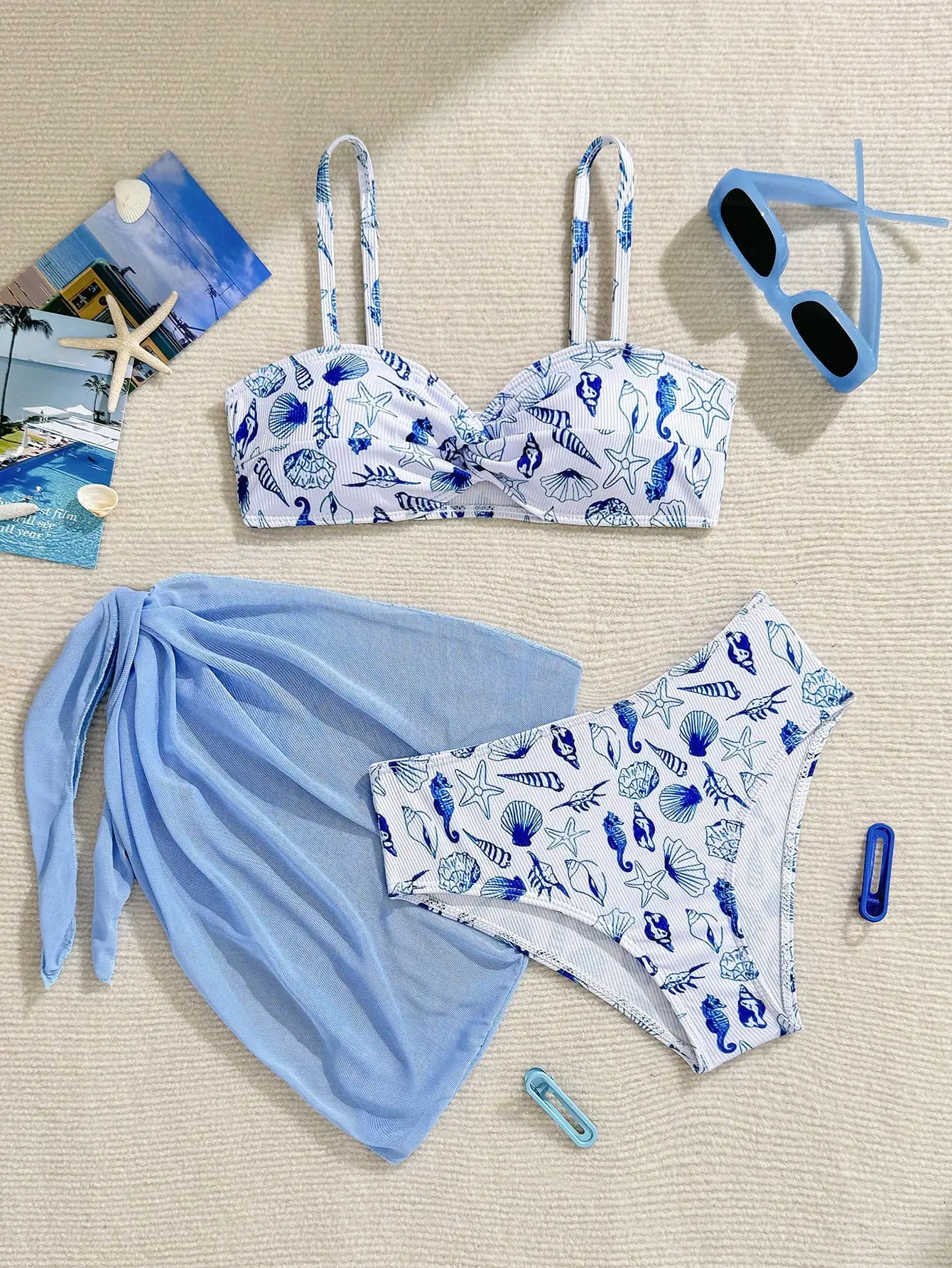 

Women Shell Print Adjustable Strap Bikini Set With Cover-Up Skirt For Beach Vacation