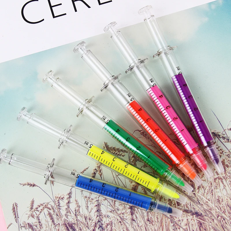 6Pcs Nurse Pen Novelty Highlighter Pen Stationery Syringe Highlighter Fluorescent Needle Tube Watercolor Nite Writer Pen