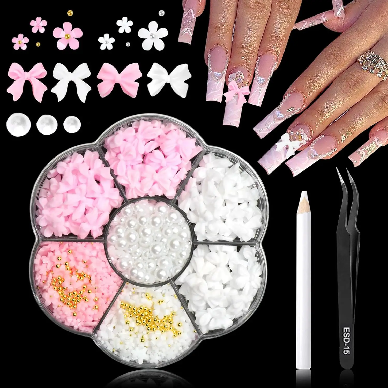 

1 Set Chic 3D Bow & Pearl Nail Charms Pink & White Acrylic Flower Decor DIY Manicure with Pickup Tweezer & Pencil for Nail Art *