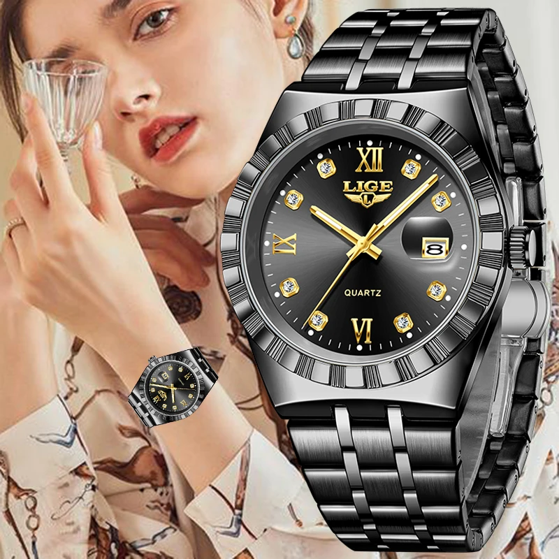 LIGE 2025 TOP Women's Watch simple luminous creative watches stainless steel calendar waterproof quartz wristwatch lady relogio