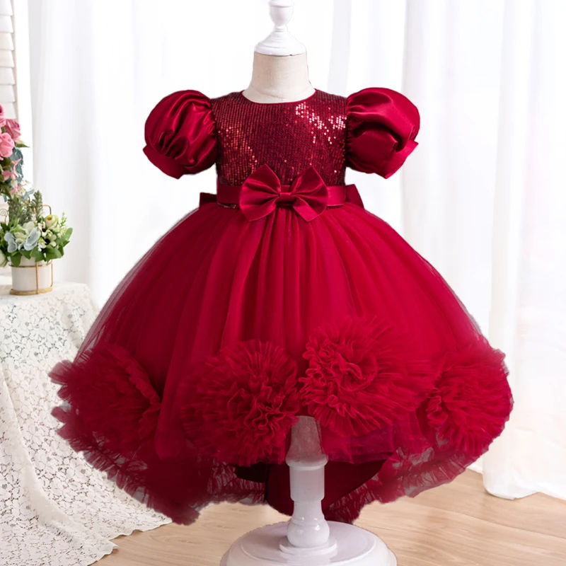 

Girl's sequin bow princess dress Aged 0-5 Fashionable bubble sleeve fluffy dress Carnival birthday party performance costume