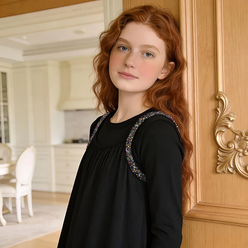 Teens and Girls Robe Sleeveless Maxi Dress Black Long Dresses Summer Spring Stones Straps Ribbed Girls Dress Back Hidden Zipper