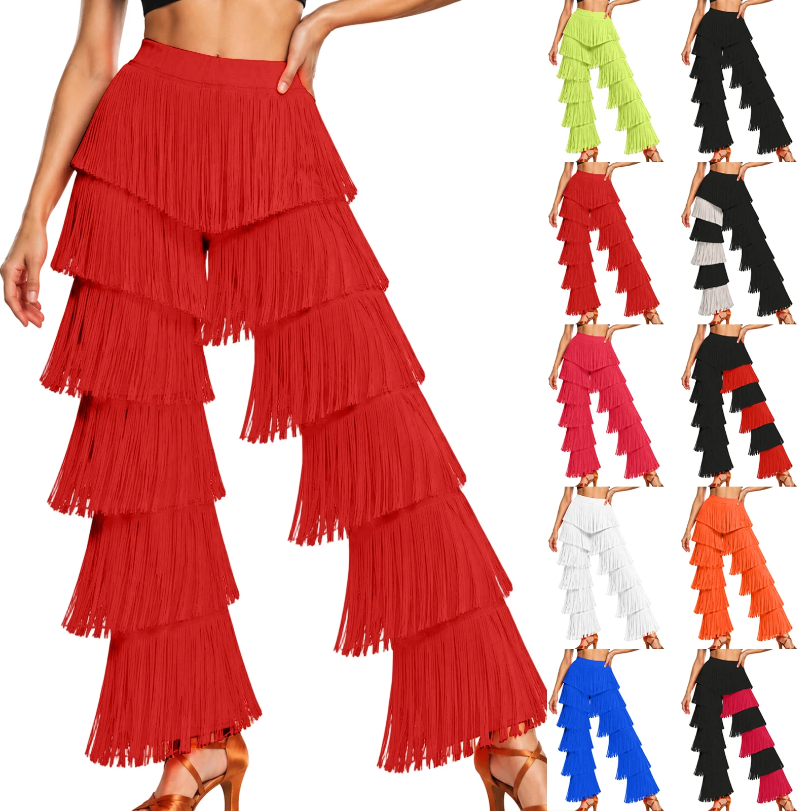 Women Fringe Latin Dance Pants Multi-Layer Tassel Flared Trousers Ladies Dance Performance Costume Bottoms Long Trousers