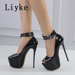 Liyke Summer Peep Toe Super High Heels Sexy Sandals For Women Pumps Fashion Double Buckle Strap Platform Pole Dance Shoes Size42