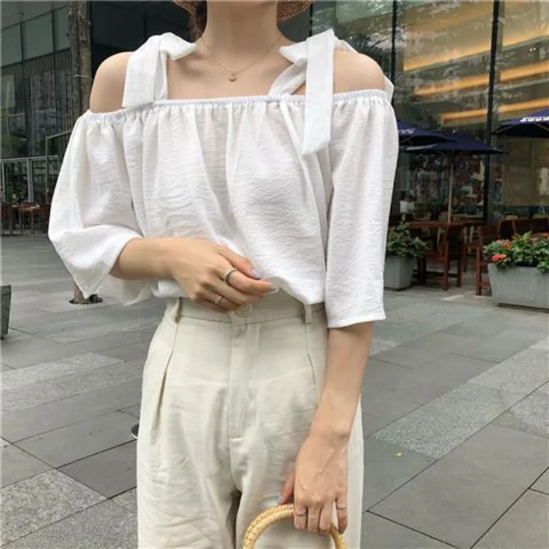 Sweet Off Shoulder Loose Blouse Summer New Short Sleeve Lacing Solid Color Hollow Out Shirt Tops Fashion Korean Women Clothing