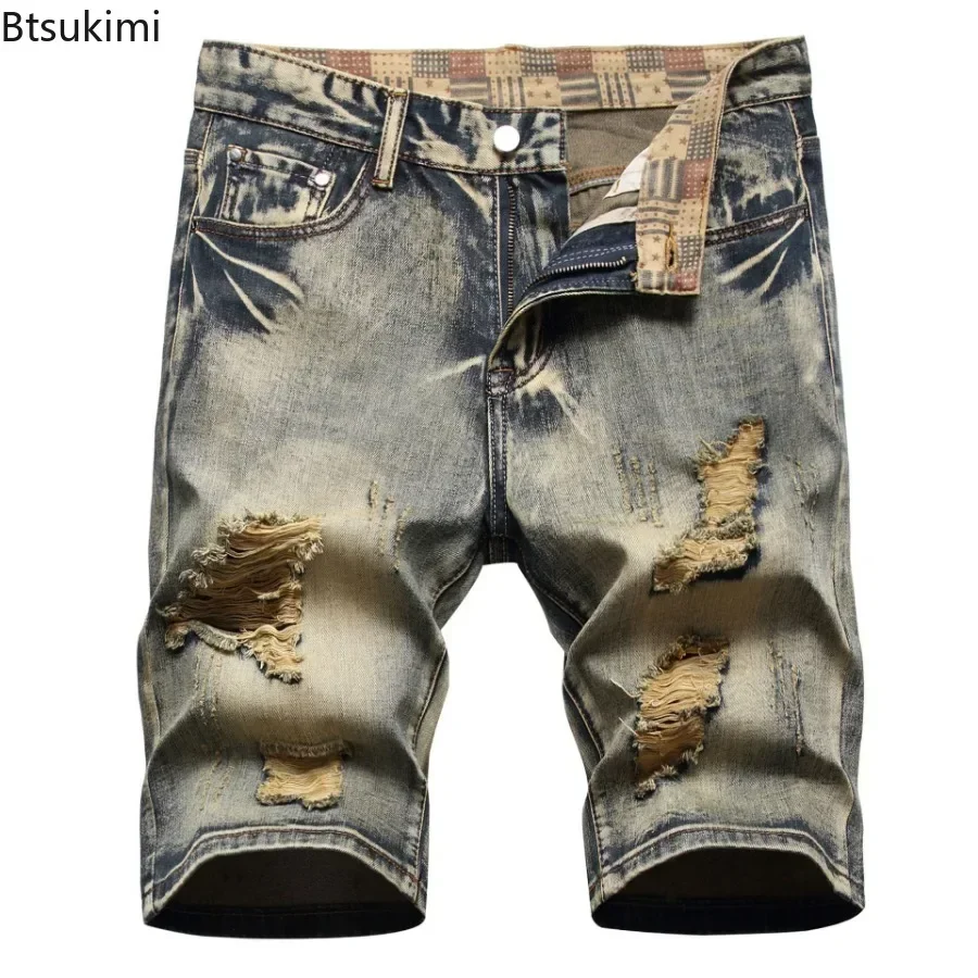 جديد 2025 الرجال الصيف خمر حفرة جينس قصير موضة غسلها القطن تنفس الدنيم السراويل الرجال الشارع الشهير السراويل حجم كبير 42